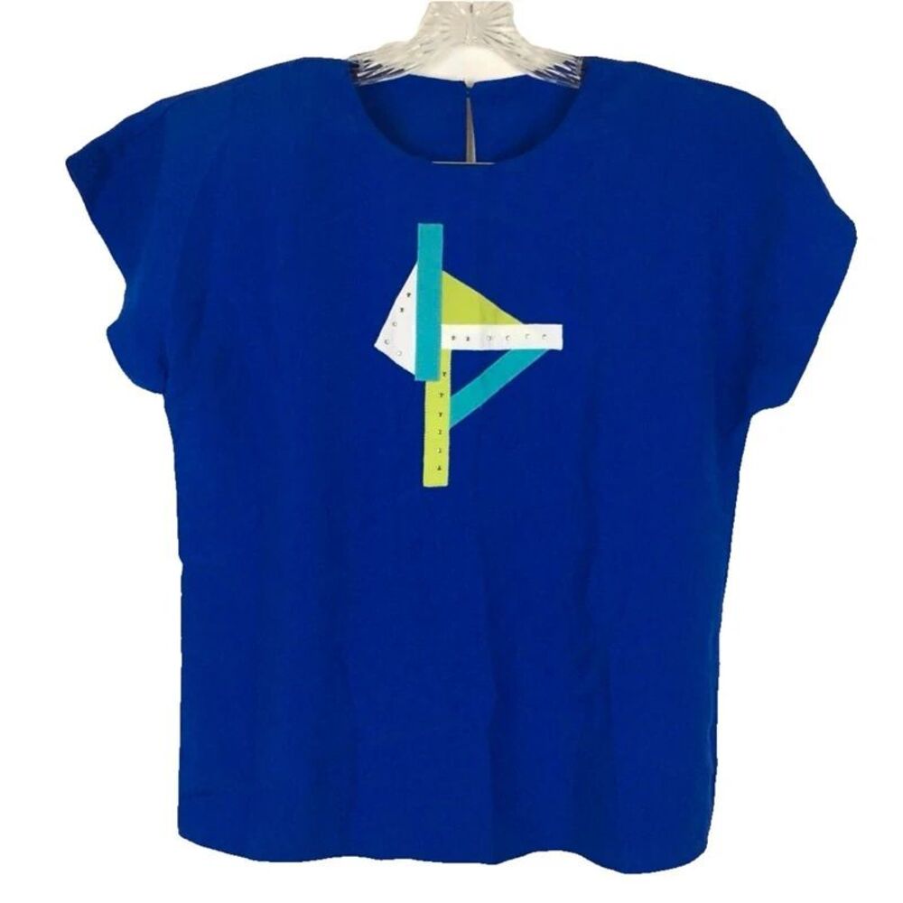 Vintage City Girl Size 6 Blue Geometric Art Applique Short Sleeve Top